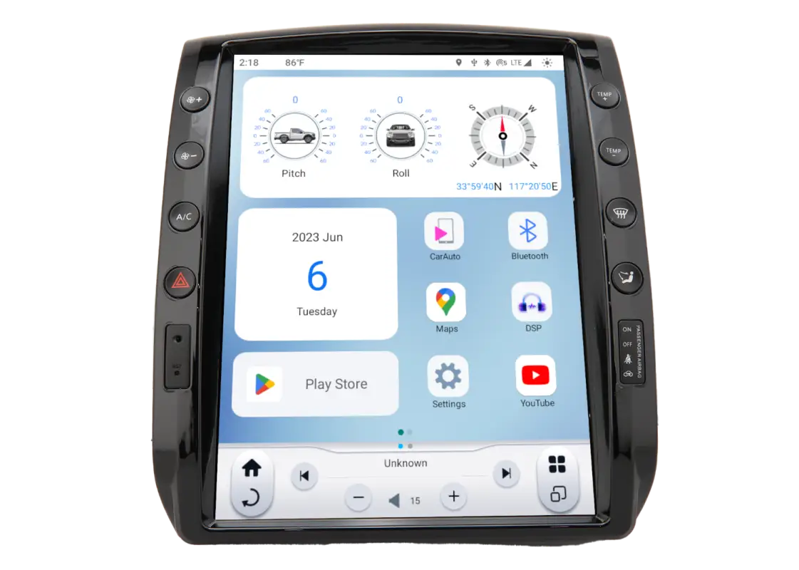 Tacoma 12.1-inch Android T-Style Radio Gen 6 with HD touchscreen displaying pitch, roll, and navigation widgets for 2005-2015 Toyota Tacoma.