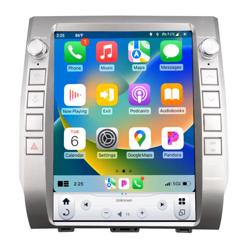 14-21 Tundra 12.1-inch Android T-Style Radio with HD screen displaying Apple CarPlay interface. Features include Android 11, Qualcomm processor, and seamless navigation.