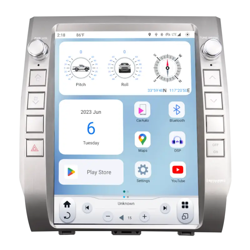 14-21 Tundra 12.1-inch Android T-Style Radio showcasing a customizable interface with pitch and roll gauges, calendar, and app shortcuts. Ideal for Toyota Tundra models.