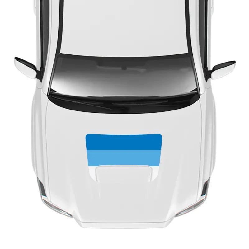 White Car Hood with Blue Stripes featuring 2016-23 Tacoma Sport Pro Sport Hood Stamp