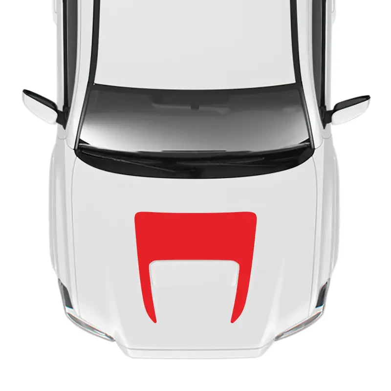 White car with red hood decal showcasing 2016-23 Tacoma Pro Sport Hood Stamp