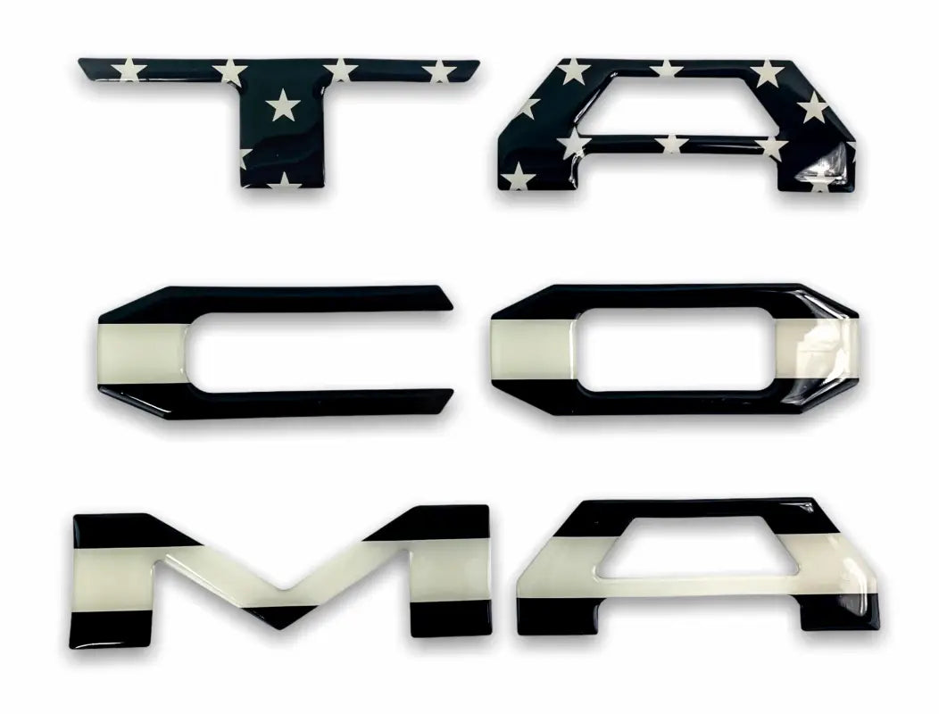 Tacoma tailgate inserts with patriotic striped design and custom color route protection