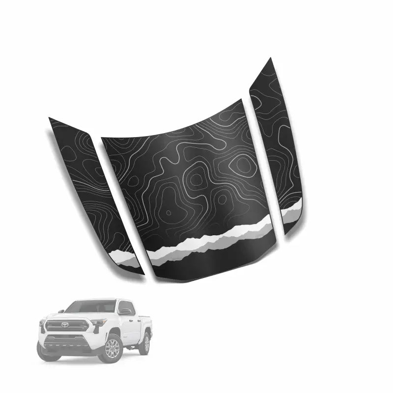 Black topographic hood decal for 2024+ Tacoma Apex Hood Stamp showing hood stamp design