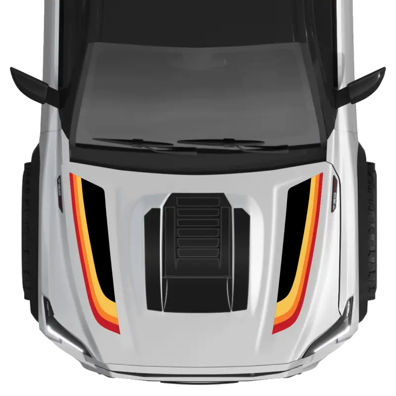 White car hood with stripes featuring Fury Hood and Hood Scoop for Tacoma 2024+
