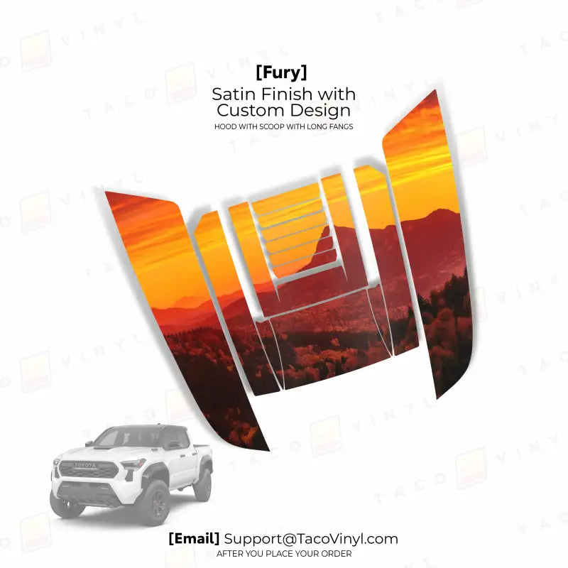 Truck hood vinyl decal featuring fury hood and hood scoop design for Tacoma 2024+