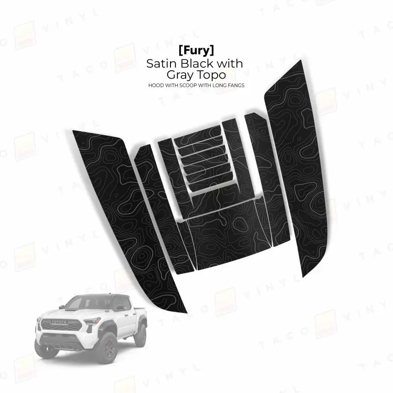 Satin black hood vinyl decal with gray topo pattern for 2024+ Tacoma Fury Hood Scoop