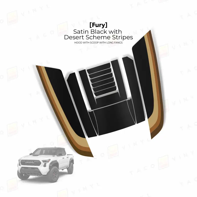 Satin black hood decal with desert scheme stripes on Fury Hood Scan for 2024 Tacoma Hood Scoop