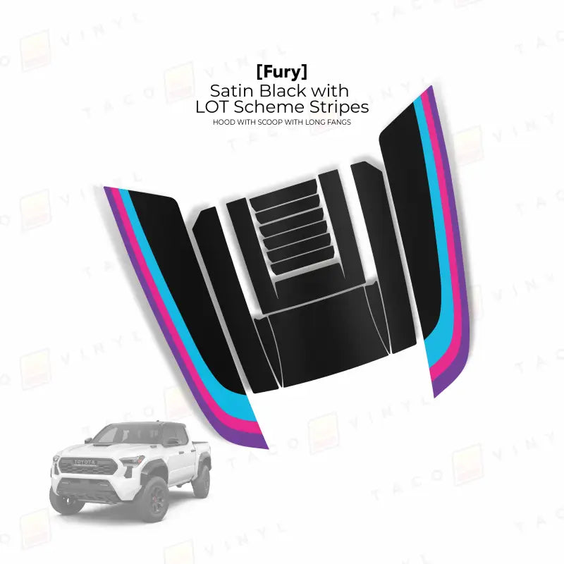 Satin black hood stripe kit with colorful accents for 2024 Tacoma Fury Hood Stamp with Long Fangs
