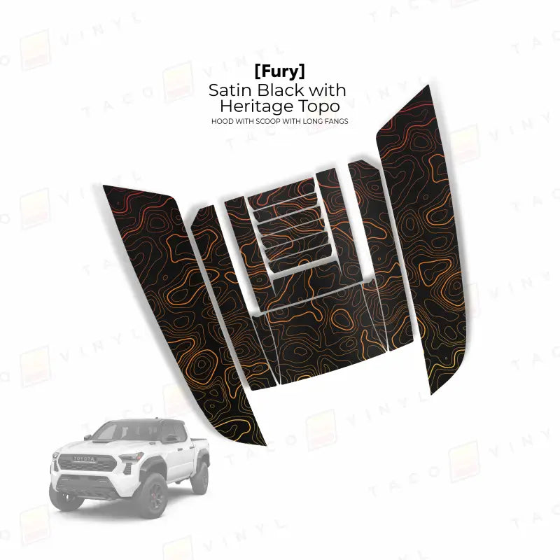 Satin black hood decal with heritage topo pattern for 2024+ Tacoma Fury Hood with Long Fangs