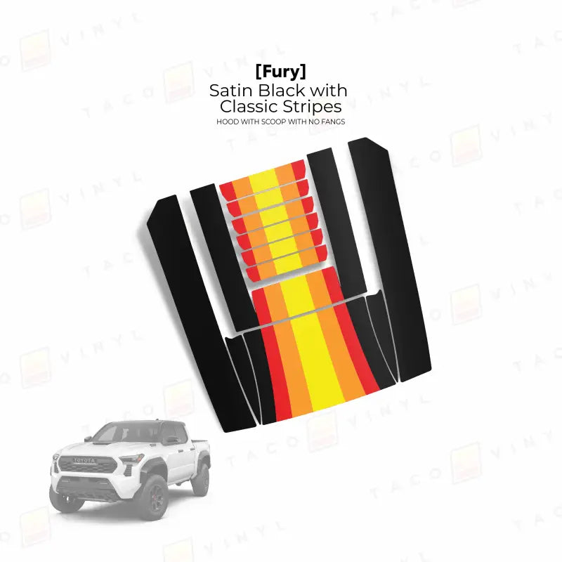 2024 + Tacoma Fury Hood Scoop Stamp (W/ No Fangs) - Satin Black with Classic Stripes - Hood Stamp