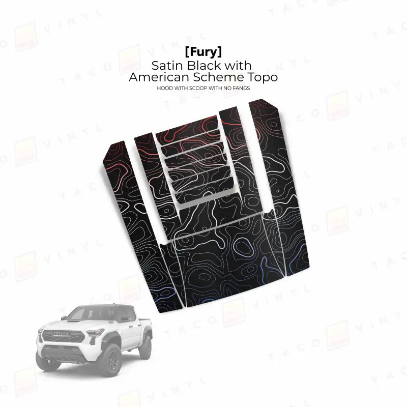 2024 + Tacoma Fury Hood Scoop Stamp (W/ No Fangs) - Satin Black with American Scheme Topo - Hood Stamp