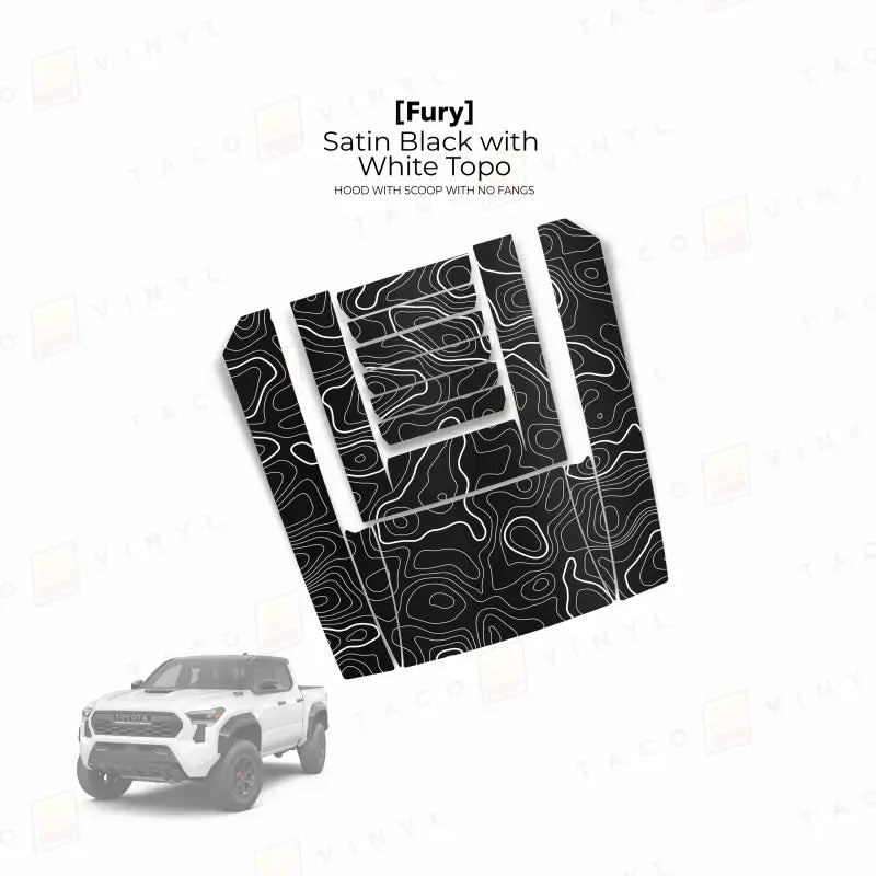 2024 + Tacoma Fury Hood Scoop Stamp (W/ No Fangs) - Satin Black with White Topo - Hood Stamp