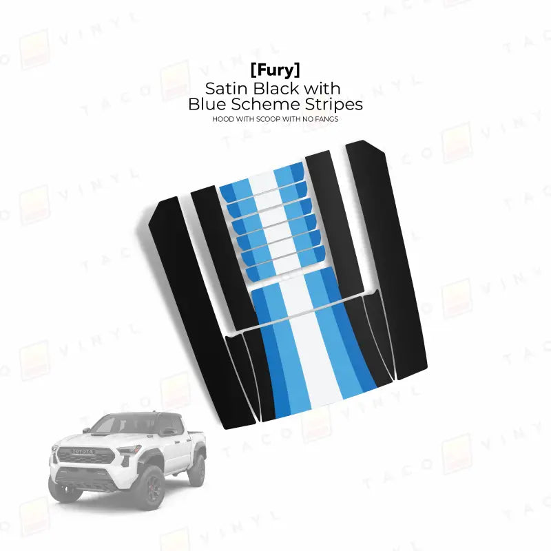 2024 + Tacoma Fury Hood Scoop Stamp (W/ No Fangs) - Satin Black with Blue Scheme Stripes - Hood Stamp