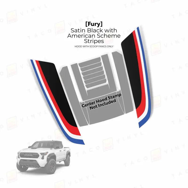 Satin black hood stripes with American scheme on 2024 Tacoma Fury Hood Stamp