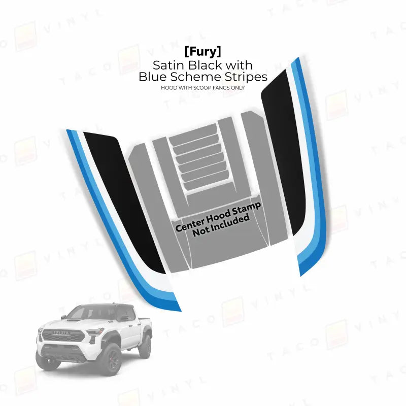 Satin black hood stripe kit with blue accents for 2024 Tacoma Fury Hood Stamp or Fury Hood