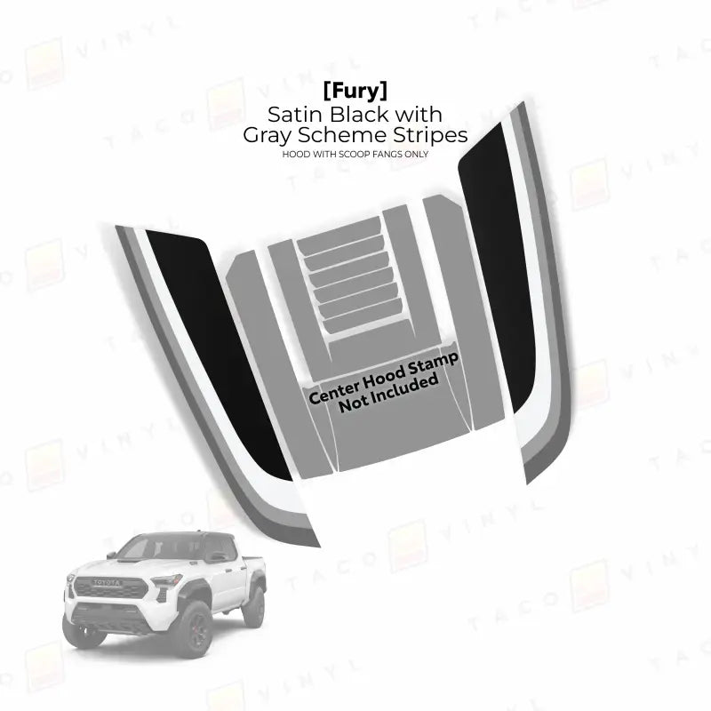 Satin black and gray hood stripe decal for 2024+ Tacoma Fury Hood Stamp and Fury Hood