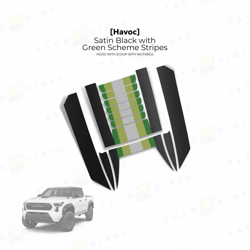 2024 + Tacoma Havoc Hood Scoop Stamp (W/ No Fangs) - Satin Black with Green Scheme Stripes - Hood Stamp