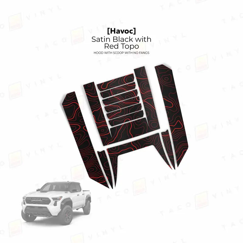 2024 + Tacoma Havoc Hood Scoop Stamp (W/ No Fangs) - Satin Black with Red Topo - Hood Stamp