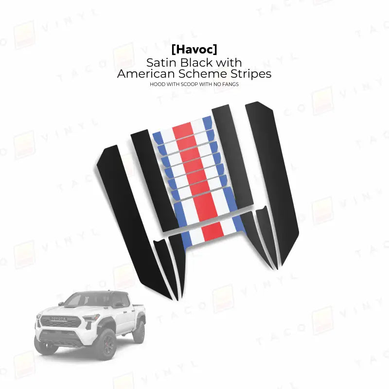 2024 + Tacoma Havoc Hood Scoop Stamp (W/ No Fangs) - Satin Black with American Scheme Stripes - Hood Stamp