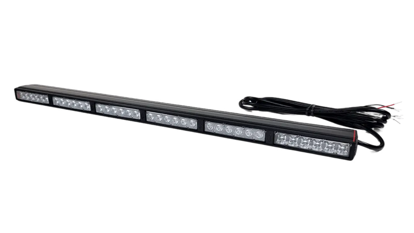 28-inch LED light bar with multi-function rear-facing design, featuring amber and white LEDs for tail, brake, and blinker functions. Durable polycarbonate construction, ideal for UTVs and Jeeps.