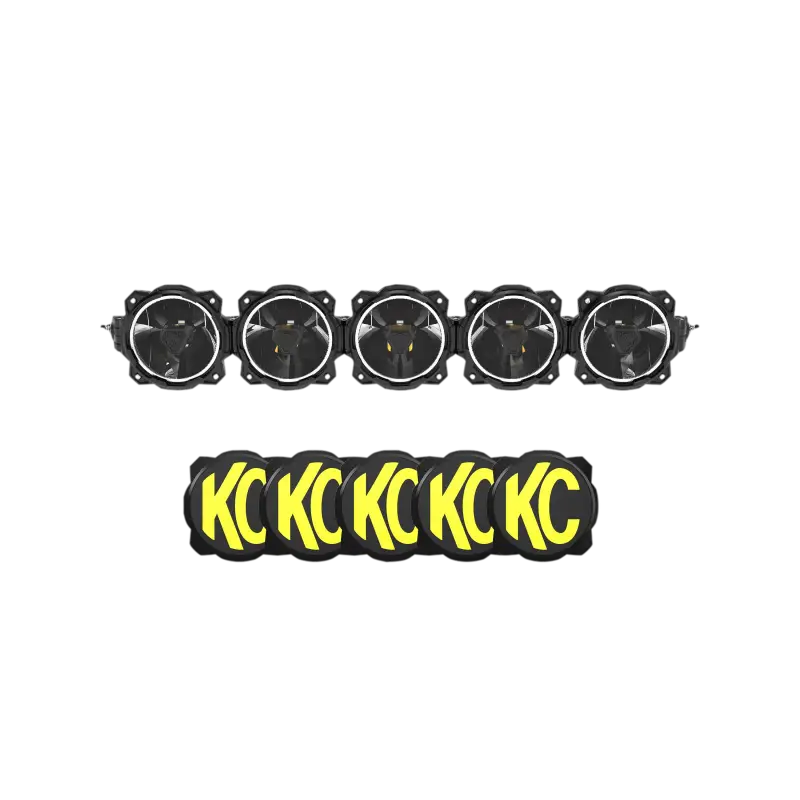 Front view of the 32-inch Gravity Titan LED light bar with five amber LED lights and KC logo covers for off-road performance.