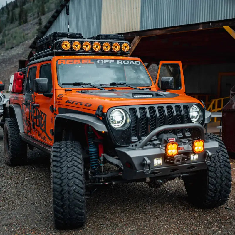 Front view of an off-road vehicle featuring the 45-inch Gravity Titan LED Light Bar, ideal for rugged terrain lighting.