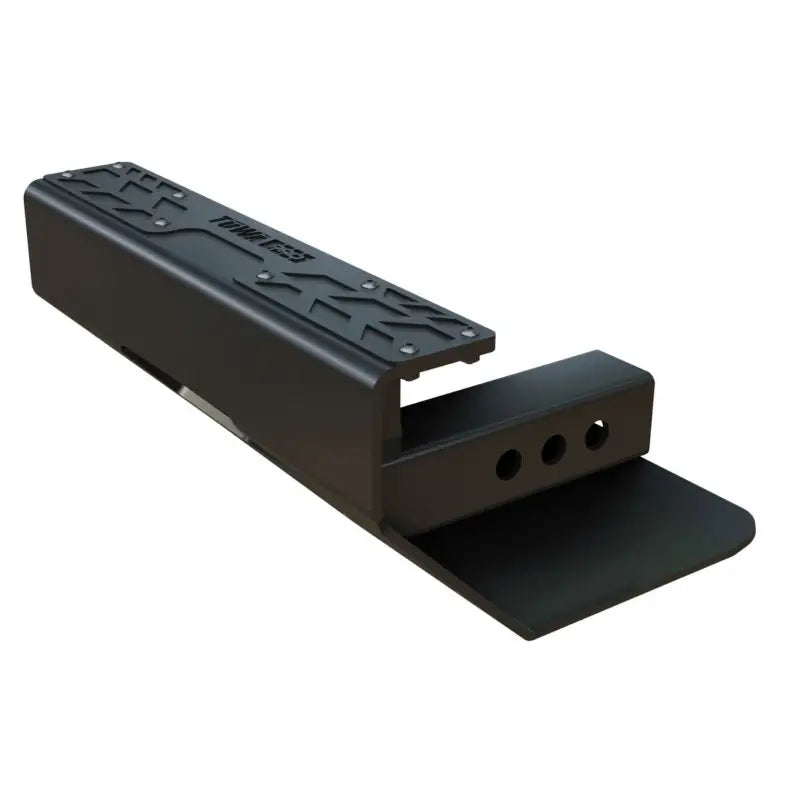 Side view of the 4CX Boar Hitch Step with powder-coated finish, featuring a skid plate and hitch mount for universal compatibility and durability.