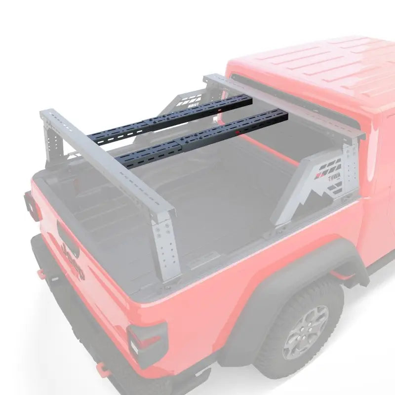 4CX Roof/Side Bars installed on a truck bed rack, providing stability and support for accessories or RTT. Adjustable and versatile design.