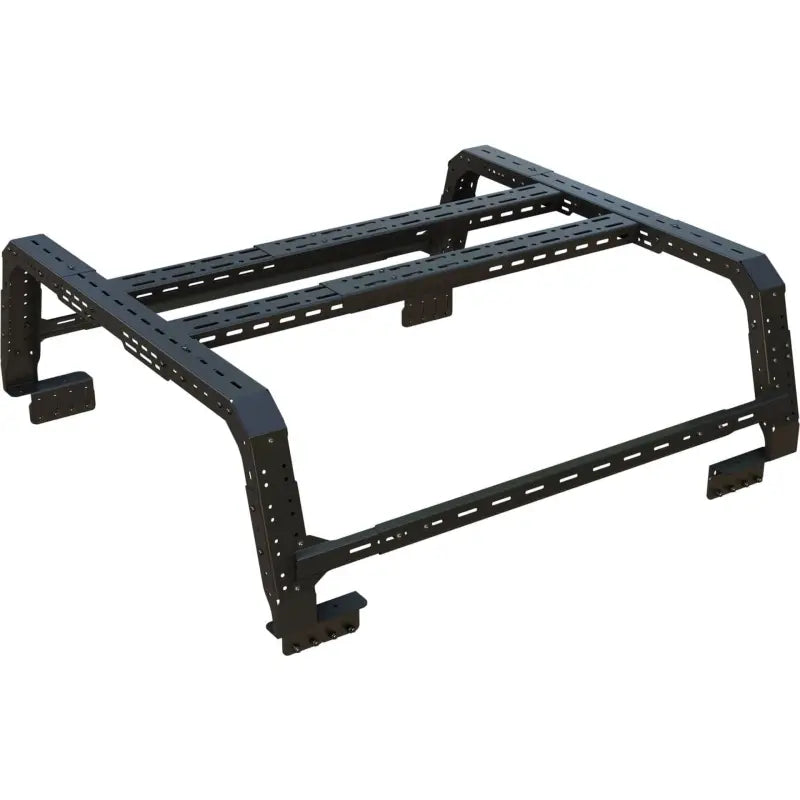 Bed rack system with 4CX Roof/Side Bars, designed for stability and accessory mounting. Adjustable and versatile for vehicle applications.