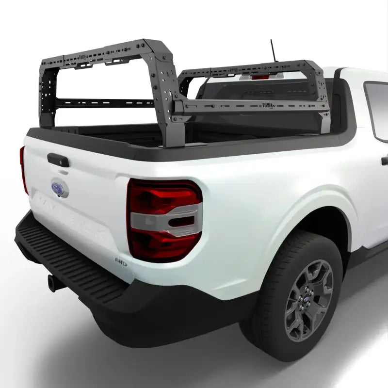 Ford Maverick bed rack with height-adjustable design installed on a white truck, offering 800 lbs static capacity for cargo and overlanding.