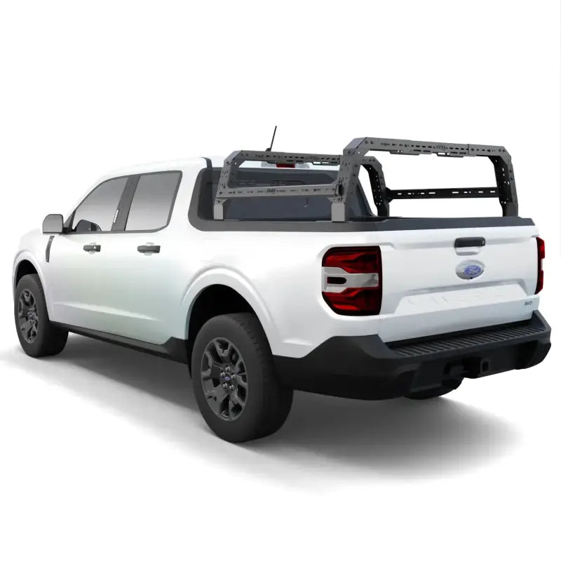 Rear view of a Ford Maverick truck equipped with a height-adjustable bed rack, showcasing its sturdy build and no-drill installation.