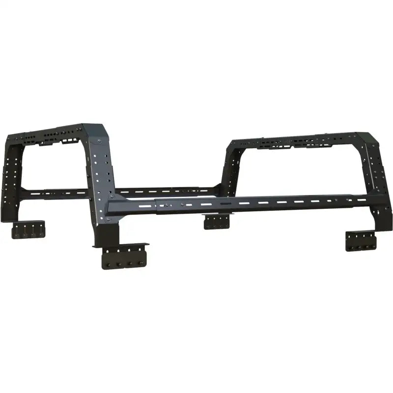 Side angle of GMC Sierra 4CX bed rack, highlighting its modular design and compatibility with tonneau covers and RTT.