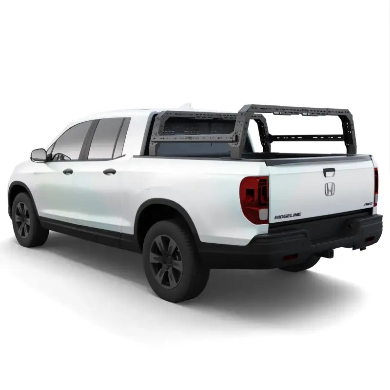 Rear view of Honda Ridgeline bed rack featuring no-drill installation and durable construction. Perfect for truck bed storage solutions.