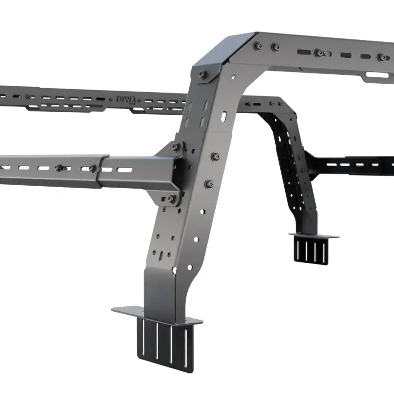 Detailed view of Nissan Frontier Shiprock bed rack. Adjustable height, no-drill installation, and compatible with tonneau covers.