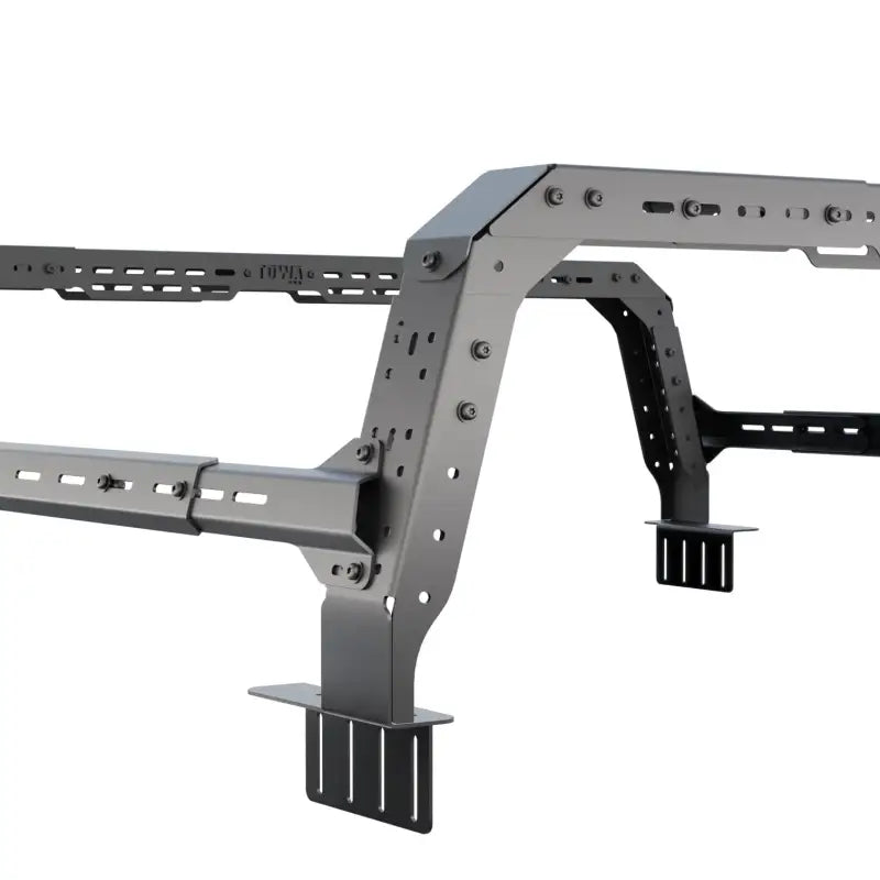Close-up of Shiprock height adjustable bed rack for Nissan Frontier. Sturdy steel construction with modular design for cargo.