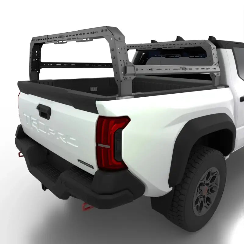 Toyota Tacoma Bed Rack with adjustable height, 800 lbs capacity, mounted on a white truck bed. No-drill installation, compatible with tonneau covers.