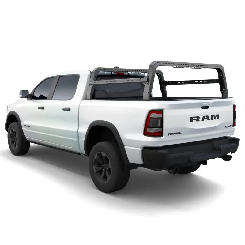 Side view of Ram 1500/2500 truck featuring the 4CX Series Shiprock bed rack, designed for adjustable height and up to 800 lbs capacity.