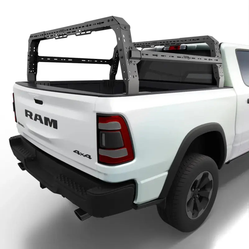 Ram 1500/2500 truck with Shiprock height adjustable bed rack installed, offering increased cargo space and compatibility with tonneau covers.