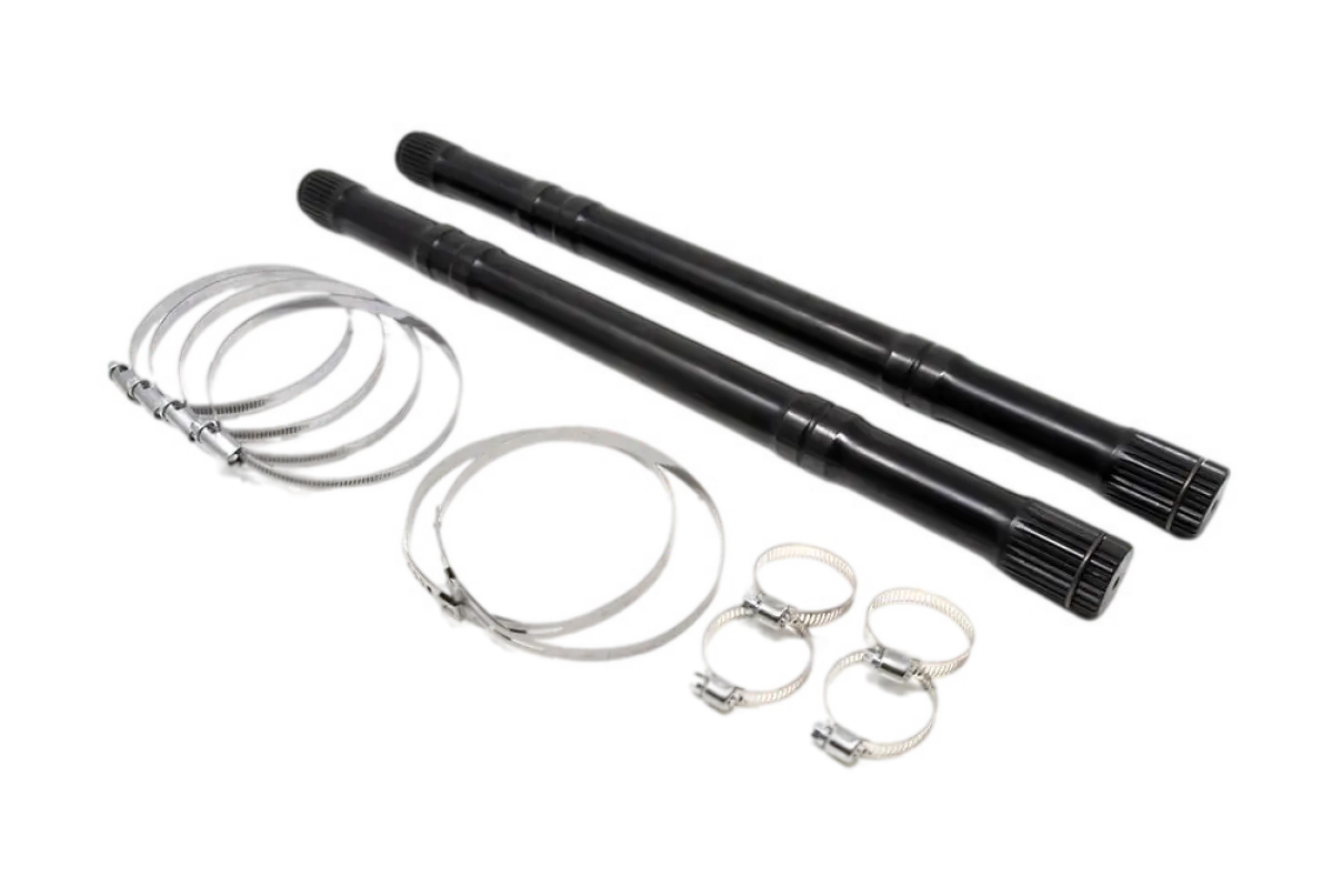 4WD extended axles for +2 inch long travel kit compatible with 2016-2023 Toyota Tacoma. Includes axles, c-clips, and clamps for OEM CV retention.