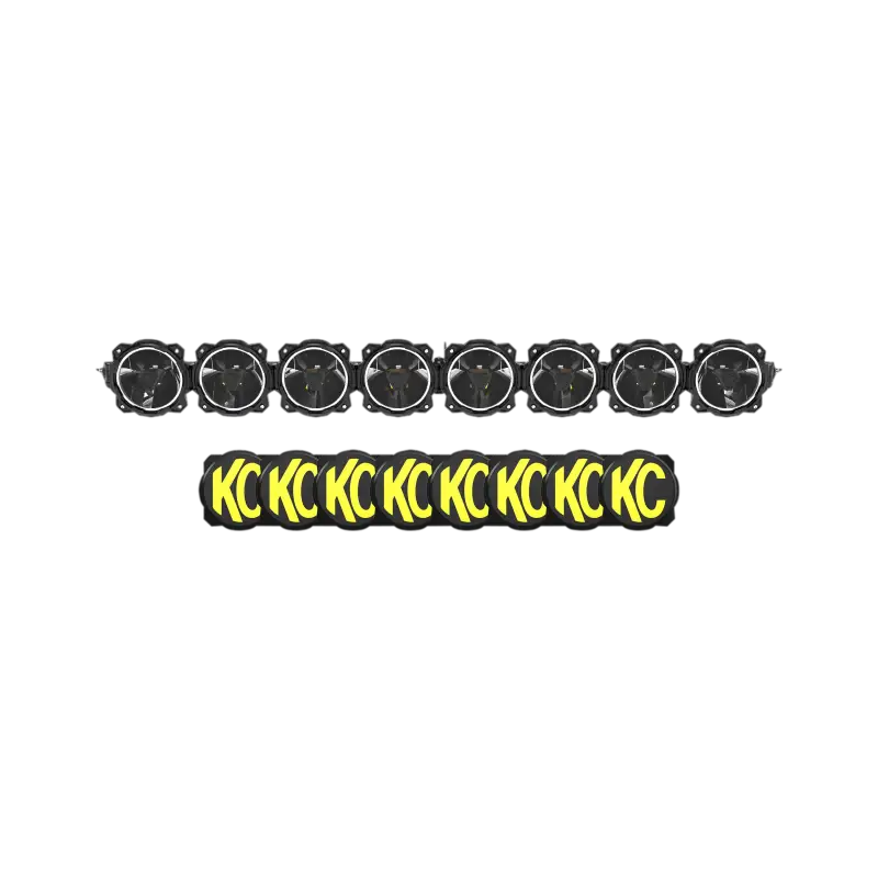 Front view of the 50-inch Gravity Titan LED Light Bar with 8 lights, featuring KC logo covers for off-road lighting.