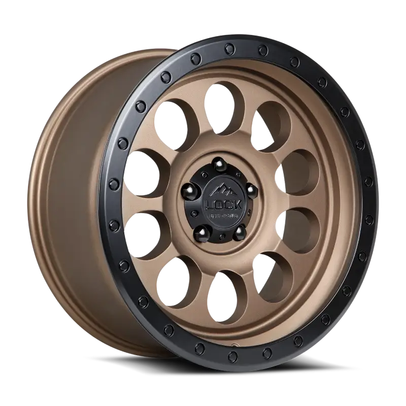 50CAL Desert Bronze wheel with matte finish, featuring a unique revolver-style design and black beadlock accents. Ideal for off-road vehicles.