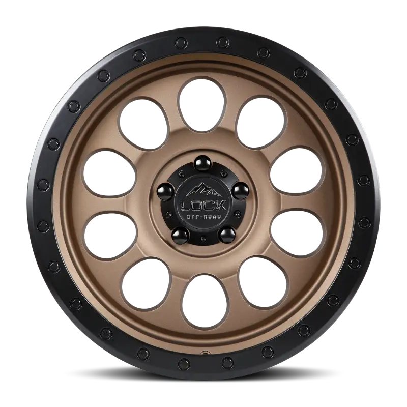 Front view of 50CAL Desert Bronze wheel showcasing its durable matte bronze finish and modern retro revolver-inspired design.