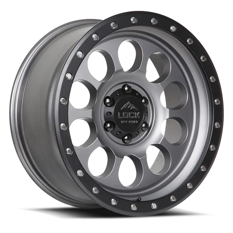50CAL Matte Grey wheel with a durable revolver-style design, featuring a matte finish and beadlock accents. Available in 17, 18, and 20-inch sizes.
