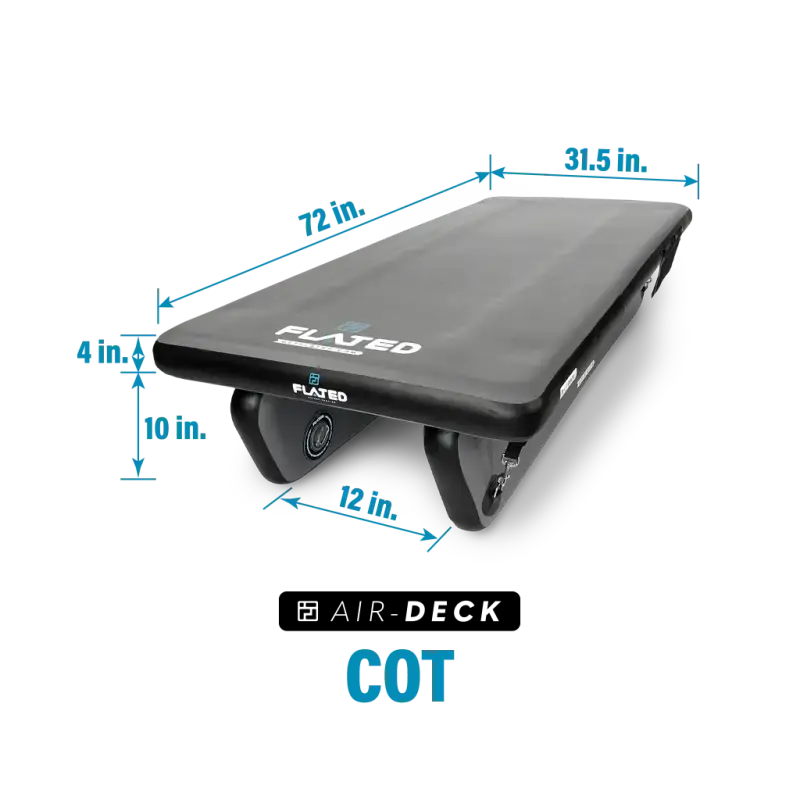 6' Cot - Portable Air-Deck with dimensions labeled, emphasizing its size, portability, and compatibility with vehicle storage.