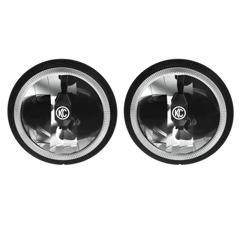 Front view of 6-inch Gravity® LED G6 driving beam lights showcasing reflective design and KC logo for enhanced lighting performance.