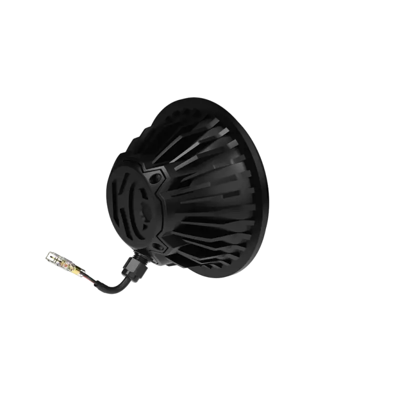 Rear view of the Gravity® LED G6 light pod highlighting its robust black heat sink design and attached wiring for installation.