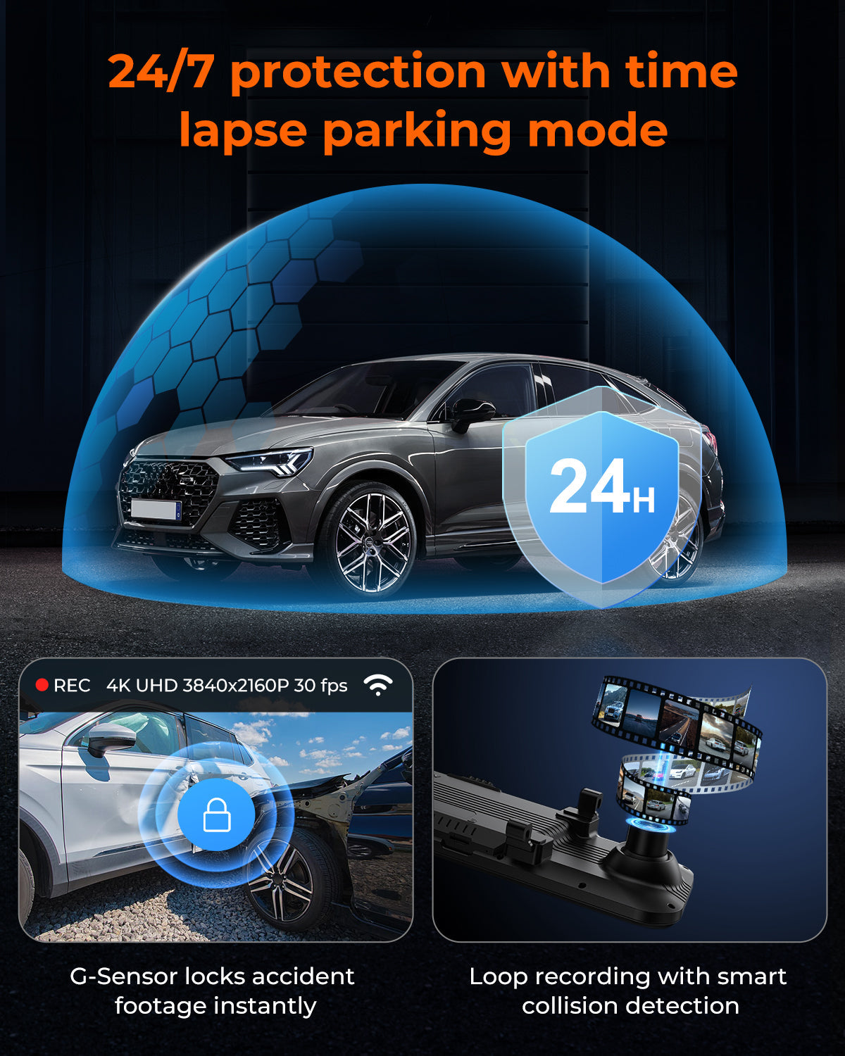 M4 2ch Mirror Dash Cam with 4K Front and 2.5K Rear Cameras, 12"IPS Touchscreen