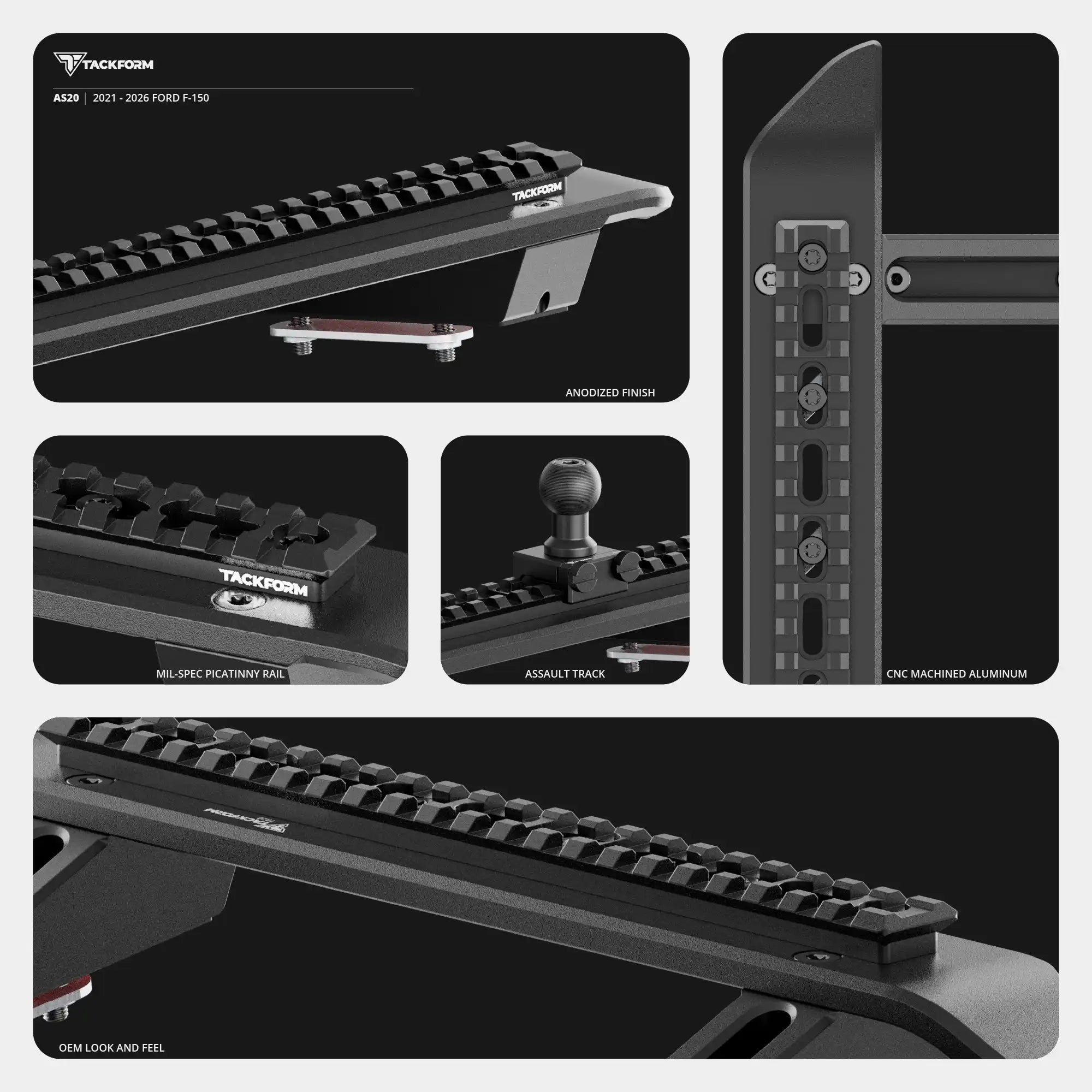 2021-2026 Ford F-150 (See Compatibility Info For Specific Year/Trim Fitment Details) Tackform Assault Track Picatinny Dash Bracket With Charging Phone Mount