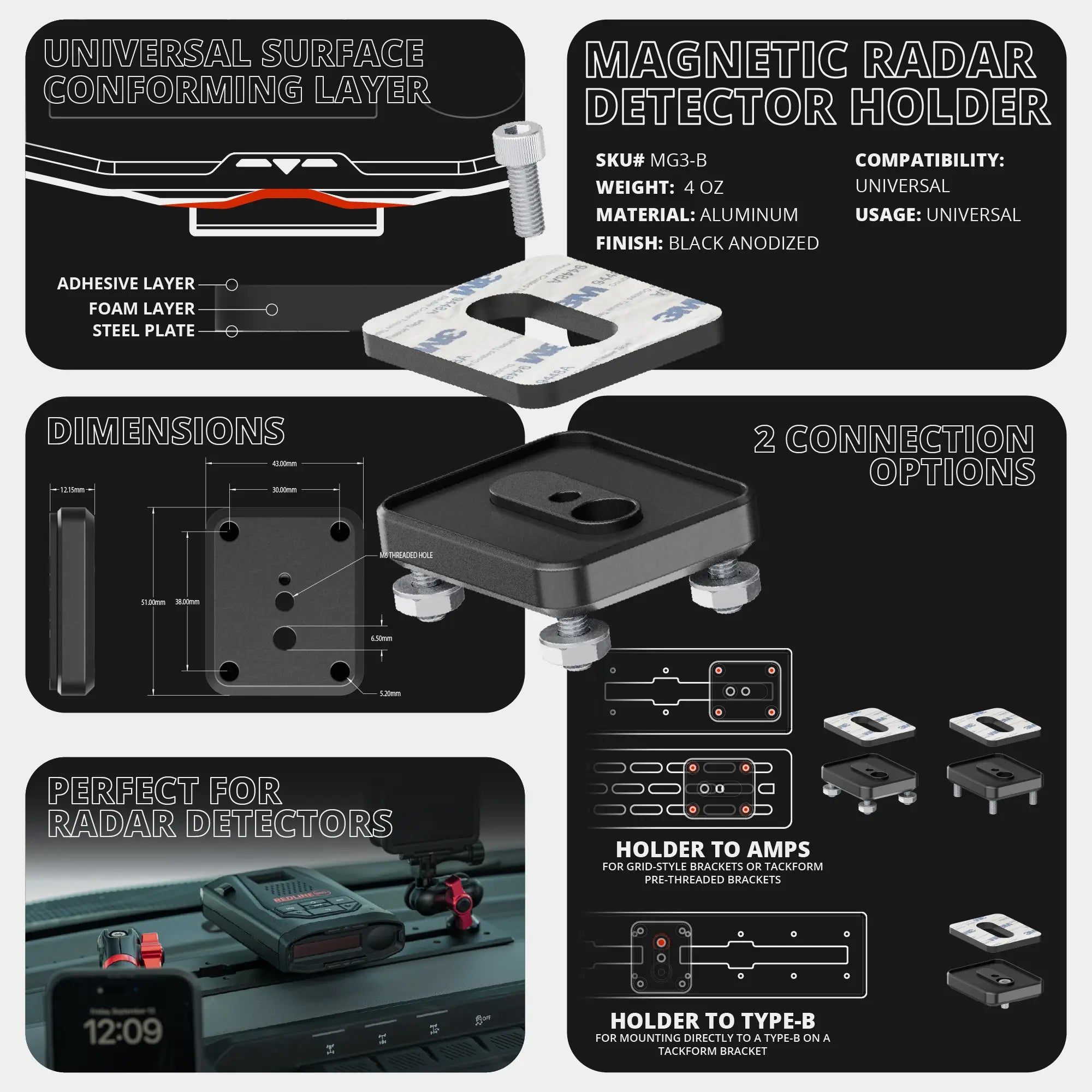 2024-2026 Ford F-150 (See Compatibility Info For Specific Year/Trim Fitment Details) Tackform Assault Track Picatinny Dash Bracket With MagSafe Phone Mount and Magnetic Radar Detector Holder | Telescoping Arm