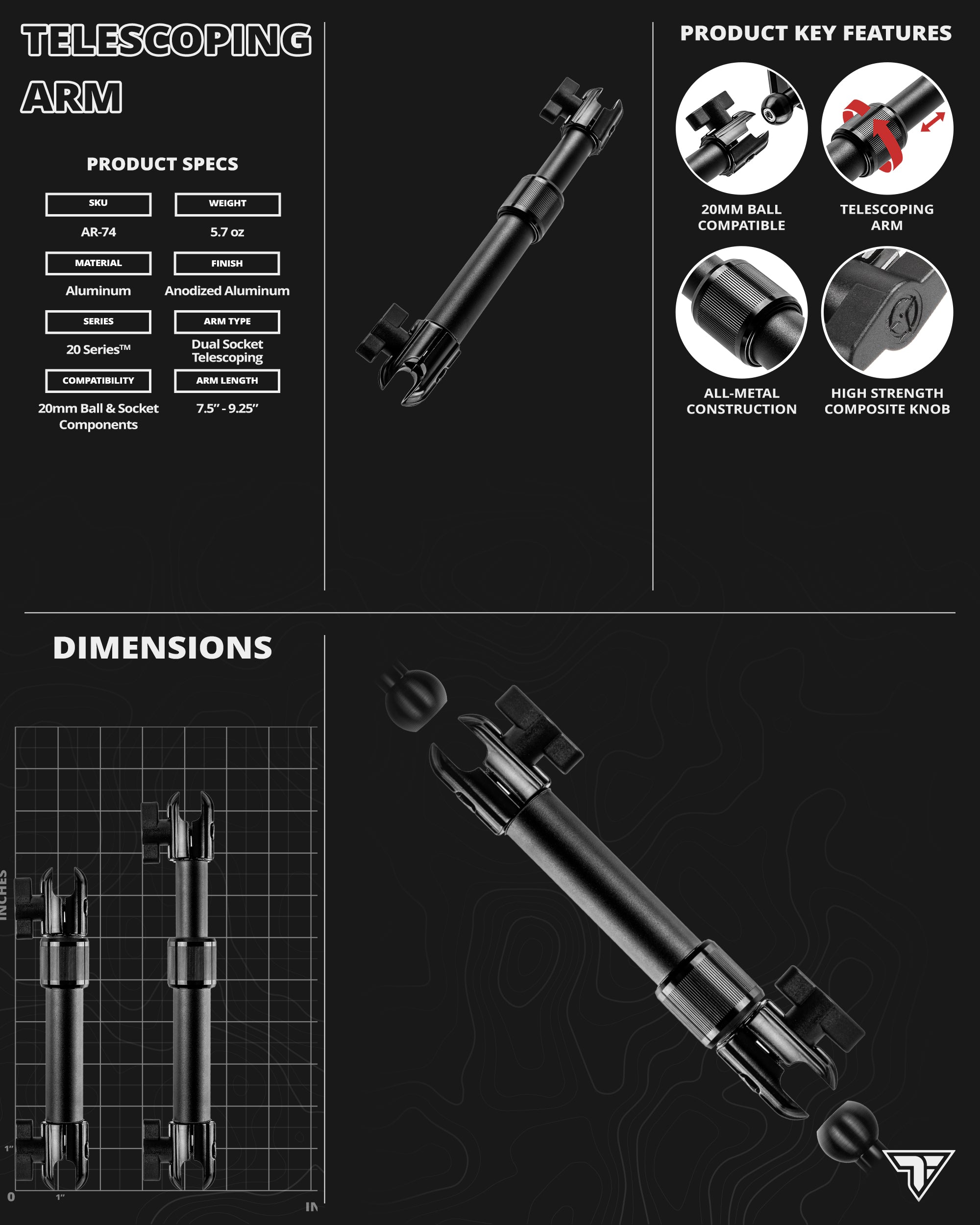 Dual-T Holder | 7.5"-9.25" Telescoping Arm | 20mm TRAXX™ - Fast Track Ball